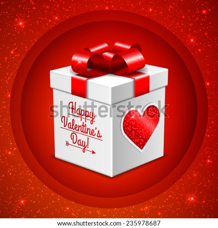 Gift box for Valentine's day on red glitter background
