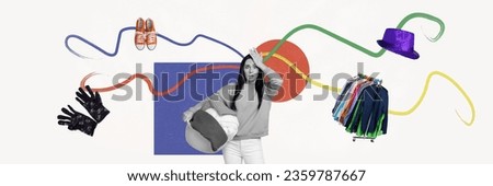 Collage picture of impressed black white colors girl hold dirty laundry basket clean clothes wardrobe rack gloves sneakers headwear