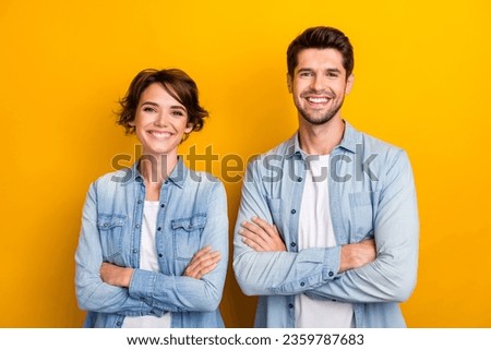 Photo of professional manager entrepreneur having family business start up cross hands isolated bright color background