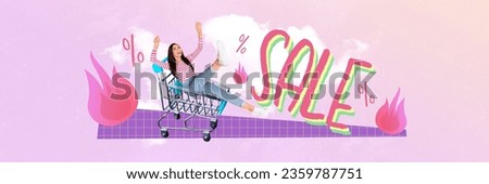Artwork collage picture of excited mini girl sit inside market trolley huge sale proposition painted flame clouds isolated on pink background