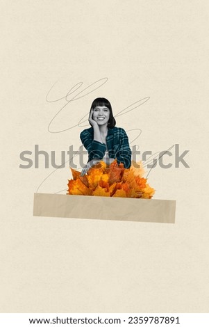 Vertical composite illustration photo collage of good mood pleasant girl sit in fallen leaves bouquet isolated on drawing background