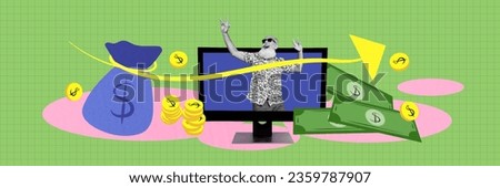 Panorama composite creative abstract photo collage of satisfied ecstatic elderly man win online casino isolated checkered green background