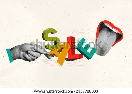 Creative retro 3d magazine collage image of arm feeding mouth sale letters isolated beige color background