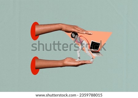 Funky miniature young lady collage illustration hardworking businesswoman drag her laptop for working isolated on grey color background Royalty-Free Stock Photo #2359788015