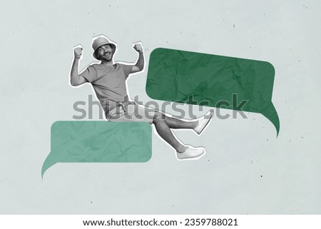 Creative template collage of funky young man wear sunhat raise fists sitting paper crumpled textbox dialogue isolated on grey background