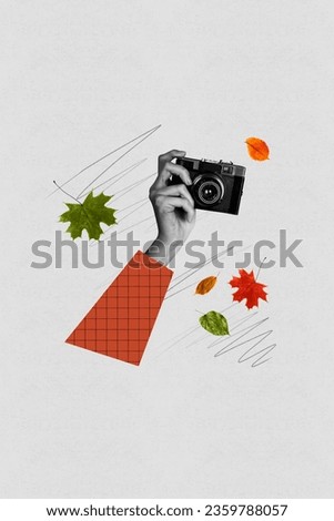 Vertical composite concept photo collage of hand hold vintage camera shooting beauty of autumn season isolated on gray color background