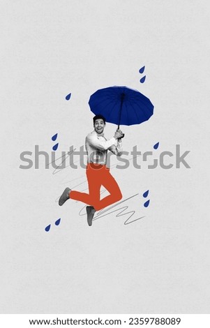 Vertical composite abstract photo collage of cheerful positive man flying in rainy weather hold parasol isolated on gray color background