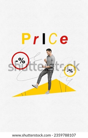 Vertical collage image of excited funky guy dancing limited time only low price offer isolated on drawing white background