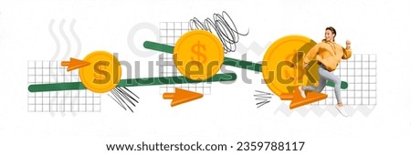 Artwork collage picture of excited mini girl running big money coins arrow pointers isolated on white creative background