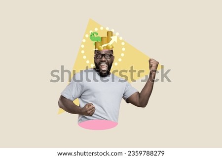 Artwork collage of delighted excited guy raise fists growing arrow upwards pile stack money coins inside head isolated on creative background