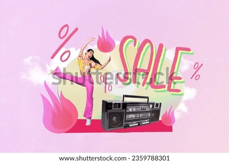 Collage image of excited funky mini girl dancing big boombox cd disk painted flame special sale proposition clouds isolated on pink background