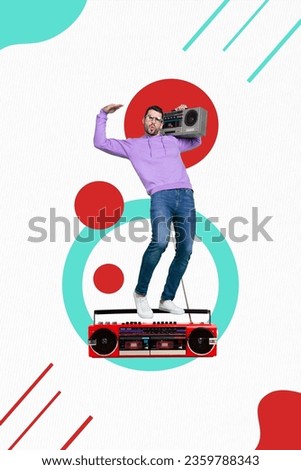 Vertical photo poster collage artwork of hipster cool guy enjoy boombox recorder dancer retro party dj isolated on drawing style background