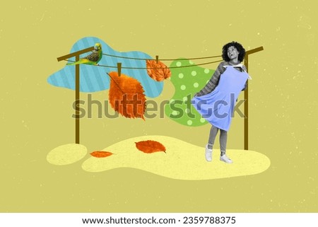 Creative composite concept photo collage of satisfied positive woman hold blue dress parrot sit on dry rack isolated drawing background