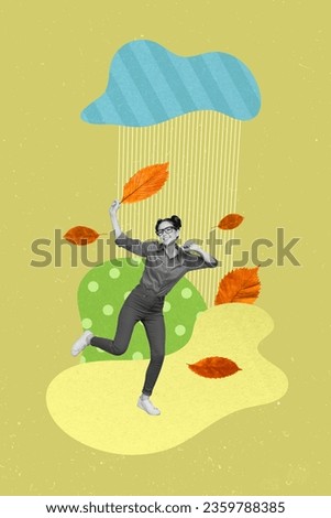 Vertical collage picture of positive mini black white colors girl arm hold fallen leaf dancing under rain cloud isolated on green background