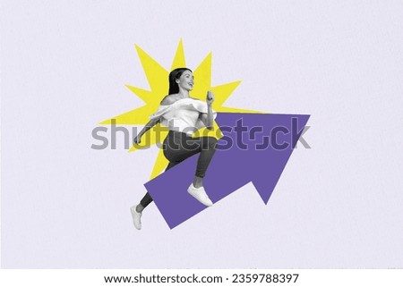 Photo collage artwork minimal picture of excited purposeful lady running achieve success isolated pink color background