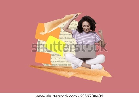 Artwork collage of mini excited girl sit huge paper plane use netbook raise fists dialogue bubble book page text isolated on pink background