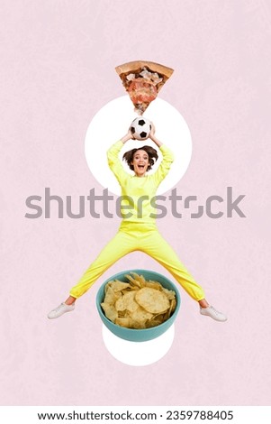 Vertical collage funky sportswoman jumping goalkeeper football player enjoy watch match eat pizza and chips isolated on pink background