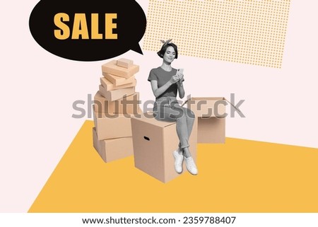 Collage advertisement picture of young girl sale ad free transportation delivery carton boxes eshop amazon isolated on white background