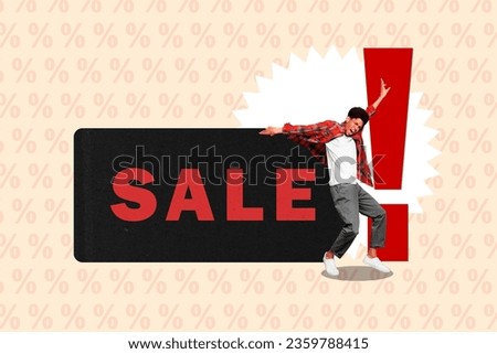 Creative photo magazine comics collage of funky young guy dancing exclamation mark attention sale isolated on percent print background