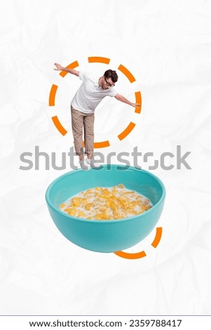 Vertical photo template collage advertisement of young man eat cornflakes delicious plate breakfast meal isolated on white color background