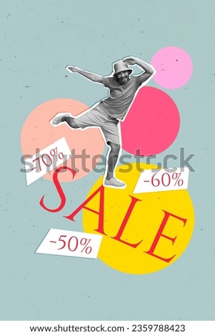 Vertical photo collage of funny good mood guy dancing spring sale black friday purchase low prices advert isolated on cyan color background