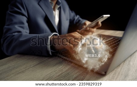 Man using smartphones with laptops, digital communication, virtual reality technology, web 3.0 concept, network and internet services Social data of the global cyberspace system