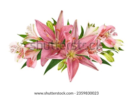Coral alstroemeria, lily flowers, buds and green leaves in a floral arrangement isolated on white Royalty-Free Stock Photo #2359830023