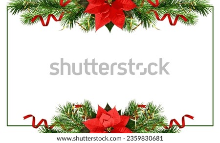 Christmas tree branches, bells and red poinsettia flowers in a holiday frame isolated on white background