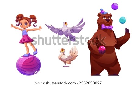Carnival bear juggler circus character illustration with girl acrobat performer. Animal artist in costume with child actor cirque festival entertainment. Retro amusement performance program and dove
