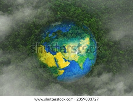 Meaningful pictures Dark green world and forest with mist clouds. The rich natural ecosystem of the rainforest concept is about conservation and natural reforestation.