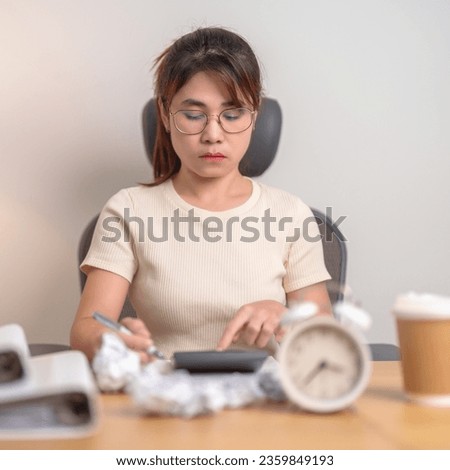 stressed Woman with mistake paper and clock, Tired female businesswoman working overload at office, Exhausted woman with document folder stack at late night in home. Failure, Problem and business