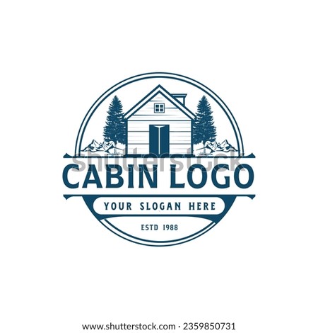 Unique cabin and wooden house  logo design, mountains and pine forest, vintage wooden house