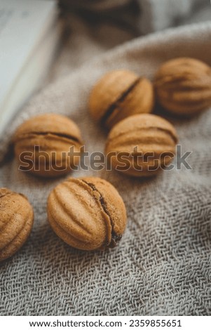Cookies nuts with condensed milk close-up.
