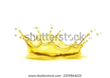 Realistic beer or soda, oil or juice corona splash in transparent wave flow, vector background. Golden oil, honey or essence oil crown splash with droplets splatter, sweet syrup, beer and juice drink