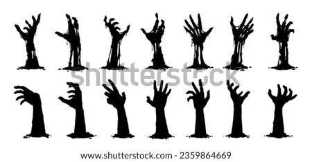 Halloween zombie hands silhouettes. Isolated vector set of spooky arms, sticking out of the ground, capturing eerie and chilling vibes, for creating a haunting atmosphere and adding a touch of horror Royalty-Free Stock Photo #2359864669