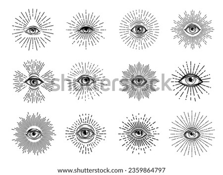 Providence illuminati eye. Esoteric occult symbols, mason tattoos with all seeing eye of God vector sketches, engraved magic triangle, glory and light rays. Freemasonry, spiritual and alchemy signs Royalty-Free Stock Photo #2359864797