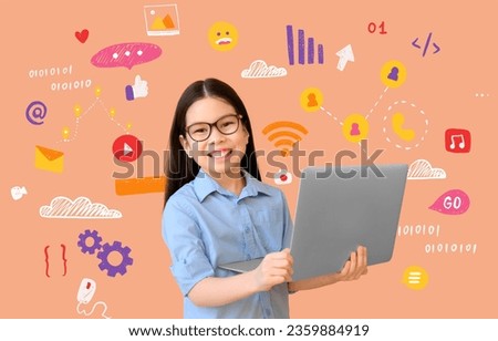 Cute little girl with laptop on color background
