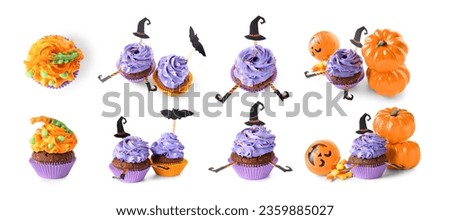 Collection of tasty Halloween cupcakes on white background