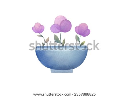 purple flowers in ceramic pot. watercolor hand drawn illustration isolated on white background. One single object, front view. cut out clip art design element. Home cultivation of plants
