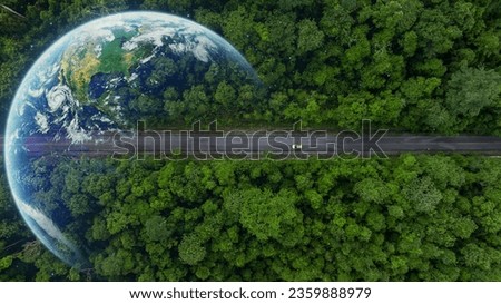 Aerial top view globe planet with electric vehicle car on asphalt road forest in tropical rainforest green forest tree, Green ev car on road tropical jungle forest, Electric car with nature.