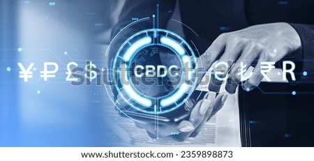 Businesswoman toned image hand, finger touching phone screen. CBDC with different countries currency in row, abstract circuit board. Concept of digital central bank, blockchain and mobile app