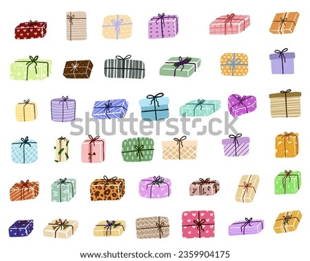 Gift box cartoon set icon. Christmas gifts, New Year presents. Holiday presents wrapped in festive paper wrapping, decorated with ribbon bows, strings and twines.