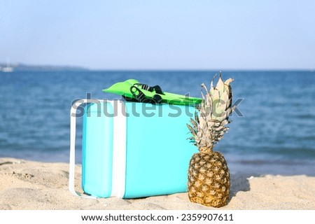 Beach cooler, flippers and pineapple on sand