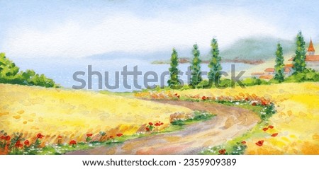 Hand drawn bright watercolour paint sketch scene on white paper backdrop retro style. Scenic blue color marine outdoor coast day cloud. Artwork fall cereal corn trail way travel town view text space