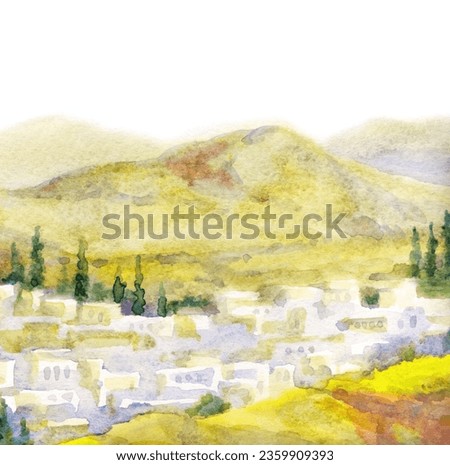 Past Jericho valley land stone rock fortress road jew country sky scene in vintage art graphic picture style. Holy antique travel saudi place of biblic Jaffa castle fort wall built temple scenic view