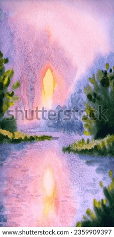 Watercolour paint sketch silence haze scene. Wet paper backdrop card text space. Hand drawn light pink color cloudy cool quiet misty fall fresh valley field shrub creek bay flood artwork scenic view