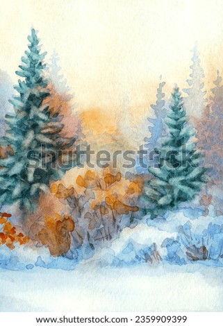 Bright hand drawn watercolour drawing scenic sketch on paper artwork card backdrop text space on heaven. Quiet wintertime blue color paint sundown artist scene. White calm icy xmas birch hill valley