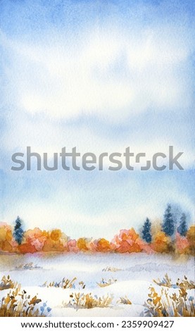 Colorful beautiful vivid watercolour on paper backdrop with space for text. Series "Different seasons". Gray clouds on overcast day over snow-covered valley with dry bushes and firs on horizon