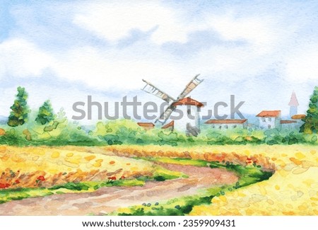 Ancient Holland Europe old city scene picture sketch paper text space. Blue sunny day. Dirt path way in golden dry ripe ear garden grow bush. Bright  color antique Dutch town barn hut scenic view
