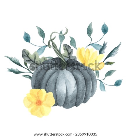 Watercolor pumpkin composition, yellow flowers, Halloween clip art, autumn design elements, fall arrangement of blue and white pumpkins. Harvest illustration isolated on white background